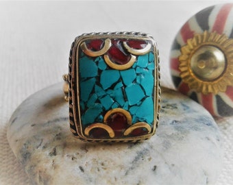 Bague ethnique pierres fines Népal Tibet Himalaya-Bague Turquoise