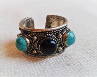 Bague ethnique Turquoise Onyx-Bague Homme Femme--Népal Tibet-Bague pierres-Bague boho