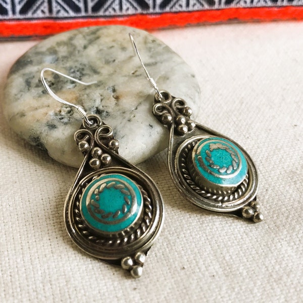 Turquoise Earrings- Natural Stone Jewelry Tibet Himalaya- Nepalmashop