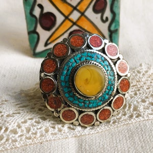 Very Large Ethnic Ring-Ring in Natural Stones Turquoise Coral Amber-Jewelry Nepal Tibet