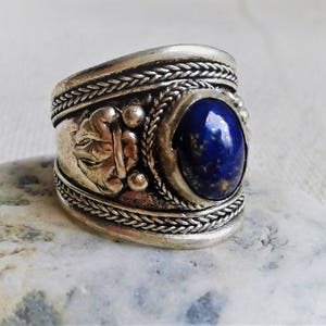 Bague Ethnique Vintage Argent 925 Et Pierre Bleue Opsidiènne - Taille 52 - Très Bon état Occasion