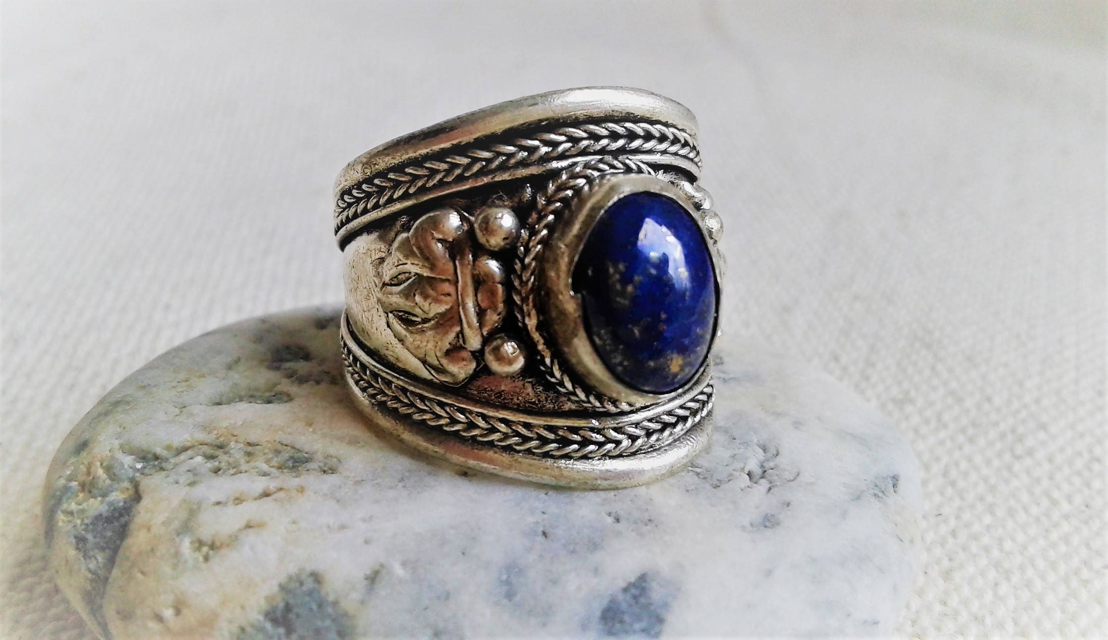 Bague Femme Bleu Nuit Réglable - Motifs Décoratifs, Taille Ajustable 52 à 58 - Matière Cuivre Et Coton