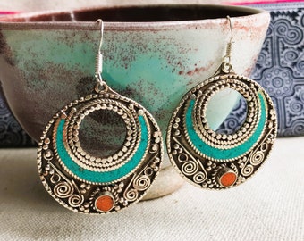 Large Ethnic Earrings-Turquoise Coral Himalayan Jewelry-World Jewelry-Nepalmashop