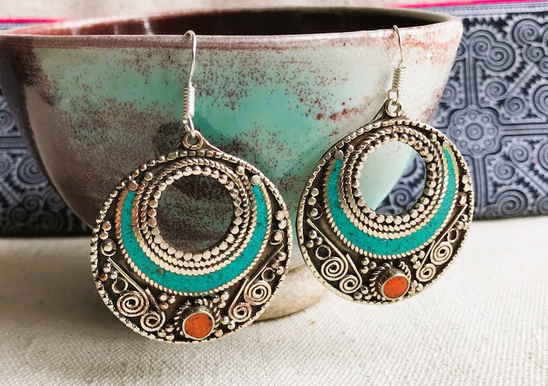 Grandes Boucles d'oreilles Ethniques-Bijoux Turquoise Corail Himalaya-Bijoux du Monde-Nepalmashop zdjęcie 1