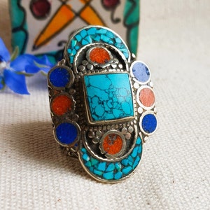 Very Large Ethnic Ring Natural Stone Ring Turquoise Coral Lapis Lazuli Nepal Tibet Jewelry image 2