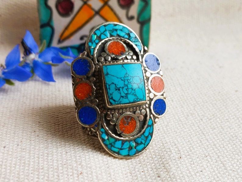 Very Large Ethnic Ring Natural Stone Ring Turquoise Coral Lapis Lazuli Nepal Tibet Jewelry image 2