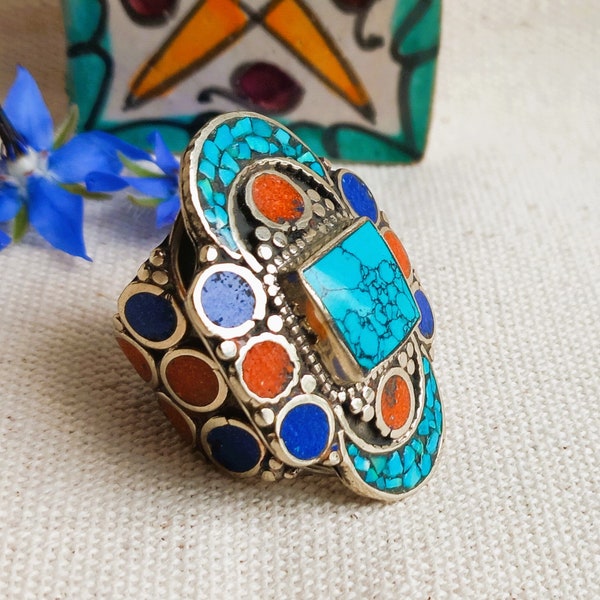 Très Grande Bague Ethnique- Bague en Pierres Naturelles Turquoise Corail Lapis Lazuli-Bijoux Népal Tibet