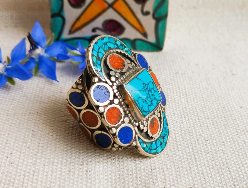 Very Large Ethnic Ring Natural Stone Ring Turquoise Coral Lapis Lazuli Nepal Tibet Jewelry image 1