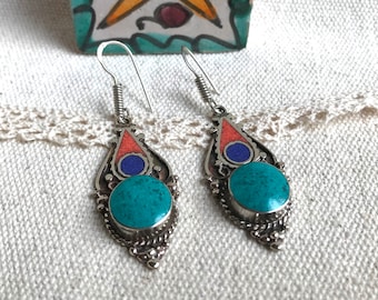 Ethnic Earrings - Turquoise, Lapis Lazuli, and Coral Jewelry - Nepal, Tibet - Nepalmashop
