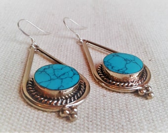 Boucles D'oreilles Argent 925 Avec Pierre Turkenite Turquoise - Forme Goutte/perle