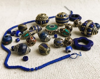 Ensemble de Perles ethniques Lapis Lazuli Népal Tibet-Perles Pierres- Perles du Monde- Lot de Perles Création Nature