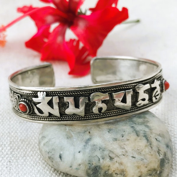 Zen Ethnic Cuff Bracelet-Om Mani Padme Hum-Nepal Tibet-Tribal-Coral Silver Jewelry