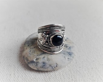 Bague ethnique Onyx Noir-Népal Tibet-Bague pierres-Bague boho-Bague Homme Femme