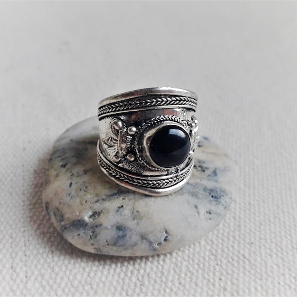 Bague ethnique Onyx Noir-Népal Tibet-Bague pierres-Bague boho-Bague Homme Femme