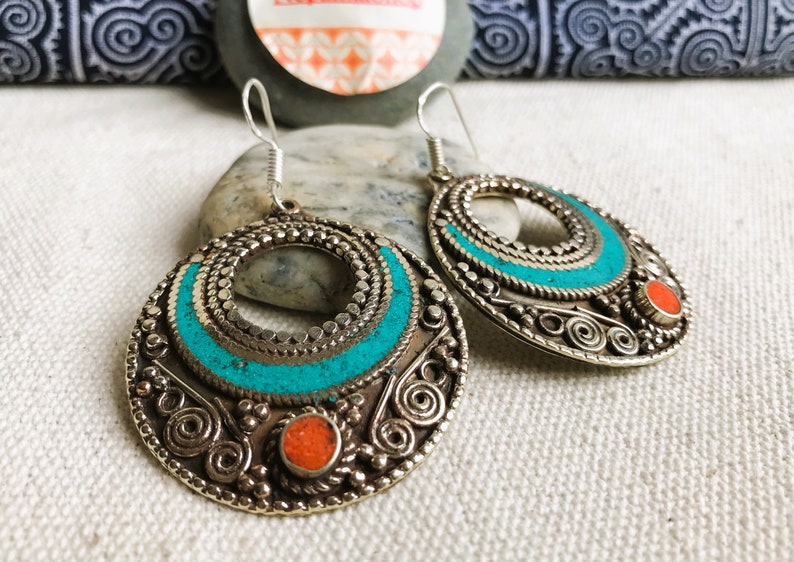 Grandes Boucles d'oreilles Ethniques-Bijoux Turquoise Corail Himalaya-Bijoux du Monde-Nepalmashop zdjęcie 3