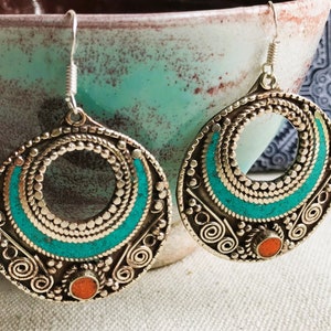 Grandes Boucles d'oreilles Ethniques-Bijoux Turquoise Corail Himalaya-Bijoux du Monde-Nepalmashop zdjęcie 4