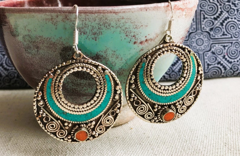 Grandes Boucles d'oreilles Ethniques-Bijoux Turquoise Corail Himalaya-Bijoux du Monde-Nepalmashop zdjęcie 4