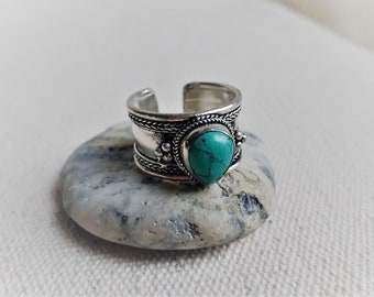 Bague Ethnique Turquoise-Bijoux en Pierres-Bague Homme Femme- Népal Tibet