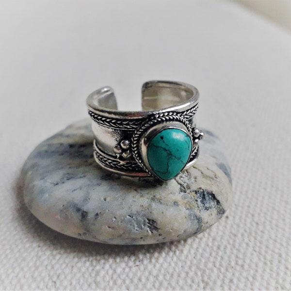 Bague Ethnique Turquoise-Bijoux en Pierres-Bague Homme Femme- Népal Tibet