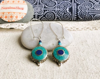 Boucles d'oreilles Nature avec Turquoise et Lapis Lazuli-Bijoux ethniques élégance-Nepalmashop