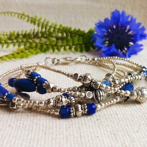 Multi-strand Silver Stone Bracelet - Lapis Lazuli Silver Jewelry - Nepalmashop