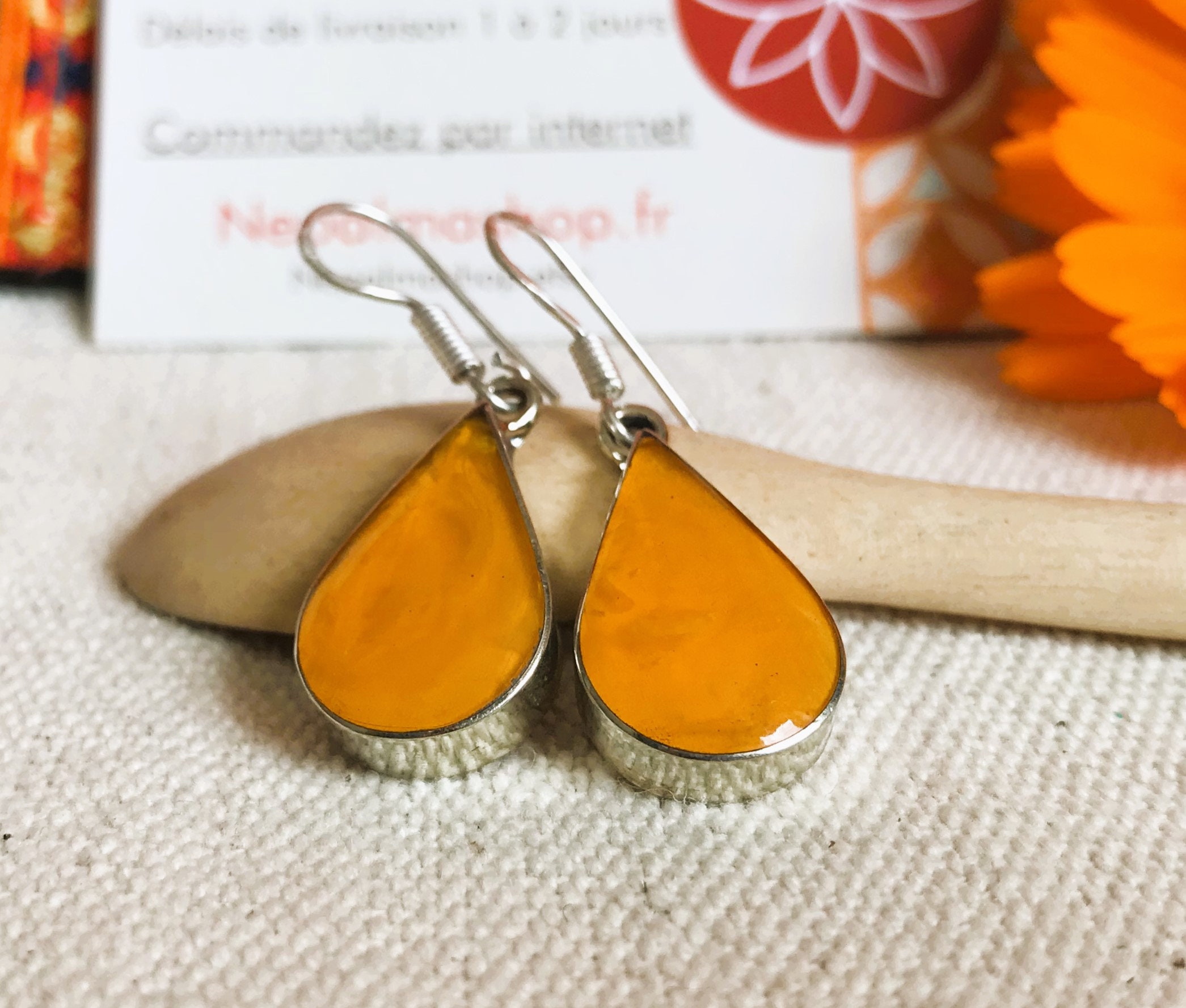 Boucles D'oreilles Gouttes En Ambre Et Argent Sterling - Pendantes, Occasion