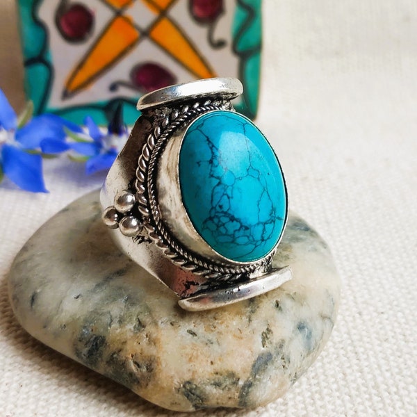 Grande Bague Ethnique Argent Pierre Turquoise ou Lapis Lazuli-Bijoux Népal Tibet