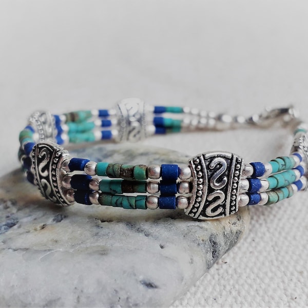 Ethnic Turquoise Lapis Lazuli Bracelet-Nepal Tibet-Fine Stone Jewelry