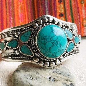 Turquoise Cuff Bracelet-Nepalese Tibetan Jewelry-Large Bracelet-Nepalmashop image 3