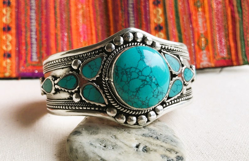 Turquoise Cuff Bracelet-Nepalese Tibetan Jewelry-Large Bracelet-Nepalmashop image 3