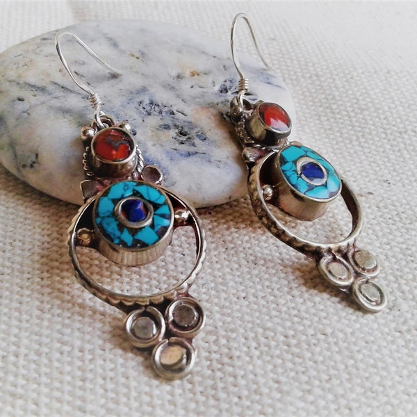 Ethnic Earrings-Nepal Tibet-Stone and Silver-Boho