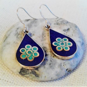Ethnic Drop Earrings - Turquoise Lapis Lazuli Jewelry from Nepal Tibet