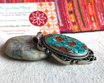 Pendentif Népalais En Lapis-lazuli, Corail Et Turquoise - Bijou Tibétain Argenté