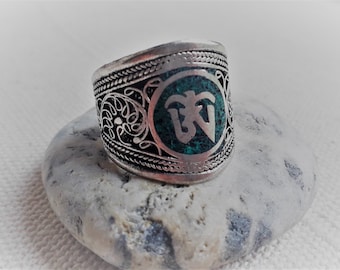 Bague ethnique OM Turquoise-Bague Homme Femme-Népal Tibet