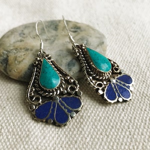 Ethnic Earrings-Nepal Tibet-Vintage Boho-Stone Earrings Silver
