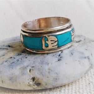 Ethnic Turquoise Ring - Nepal Tibet - Anti-stress Rotating Ring - Men&#39;s and Women&#39;s Jewelry
