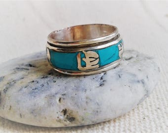 Bague Ethnique Turquoise-Népal Tibet-Anneau Tournant antistress-Bijoux Homme et Femme