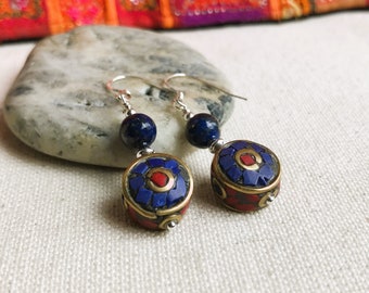 Boucles d'oreilles Lapis Lazuli Corail Argent 925-Bijoux du Monde-Népal Tibet-Création Nepalmashop