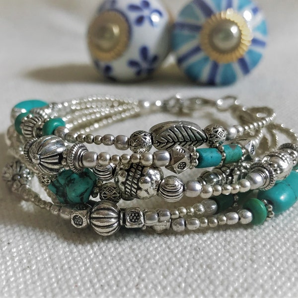 Bracelet multirang-Bijoux Pierres Turquoise Argent-Cadeau Fille Femme-Nepalmashop