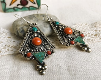 Traditional Nepalese Tibetan Earrings - Tibetan Jewelry - Turquoise Natural Coral