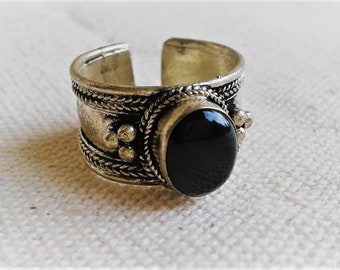 Bague Ethnique Onyx Noire-Bague Népal-Tibet-Bague Homme Femme