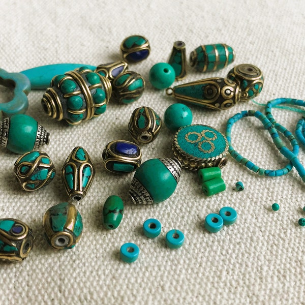 Set of Ethnic Beads Turquoise Nepal Tibet-Stone Beads- World Beads- Lot of Discovery Creation Beads