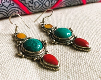 Ethnic Earrings-Nepal Tibet-Natural Stone Jewelry-Silver Stone Earrings