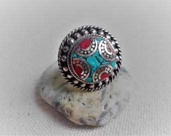 Bague Réglable Népalaise En Turquoise - Bohème Fait Main - Argent Plaqué - Taille Ajustable
