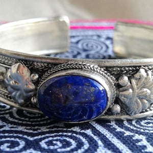 Bracciale etnico con polsino - Nepal Tibet - Pietra di lapislazzuli - Gioielli bohémien