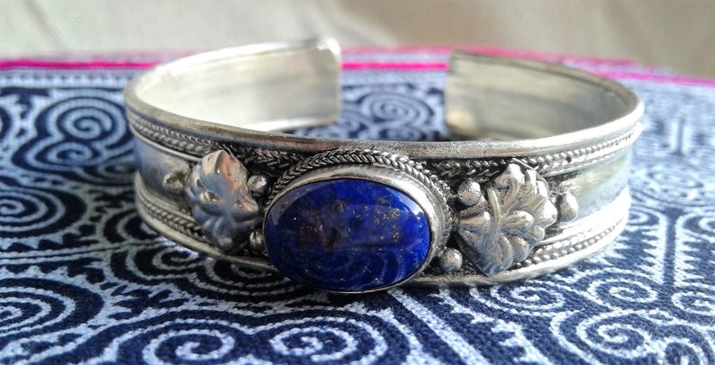 Ethnic cuff bracelet-Nepal Tibet-Pierre Lapis Lazuli-Boho Vintage 
