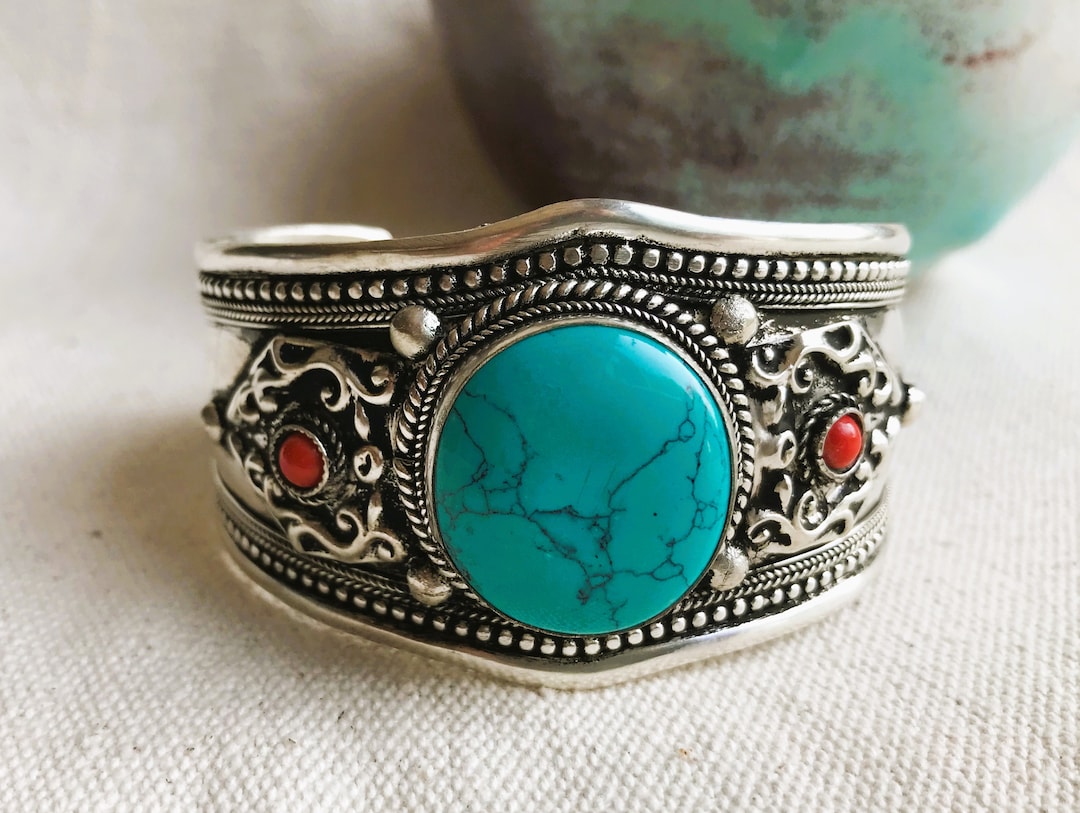 Bracelet Manchette Turquoise Boho Réglable En Argent Plaqué - Style Tribal, Neuf Avec étiquettes