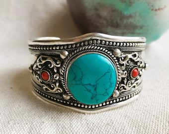 Silver Turquoise Cuff Bracelet-Tibet Himalayan Ethnic Jewelry-Large Bracelet-Nepalmashop