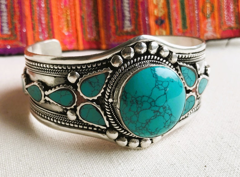 Turquoise Cuff Bracelet-Nepalese Tibetan Jewelry-Large Bracelet-Nepalmashop image 8