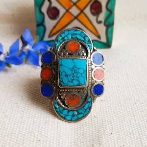 Very Large Ethnic Ring Natural Stone Ring Turquoise Coral Lapis Lazuli Nepal Tibet Jewelry image 4